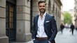 © Konstantin - Confident man in stylish business suit in white classic shirt and trousers outdoors against background of building on city street.