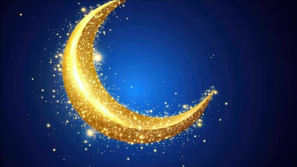 Wall Mural - moon illuminated by golden light, surrounded by magical sparks of stardust on dark blue background.