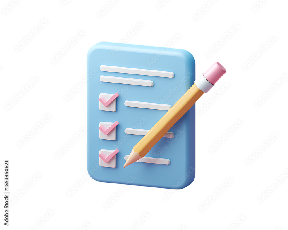 3D icon of a blue document with a checklist and pencil. Stock ...
