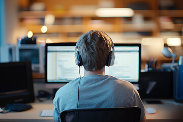 young woman wearing headphones sits at desk in front of multiple computer screens, focused on her wo