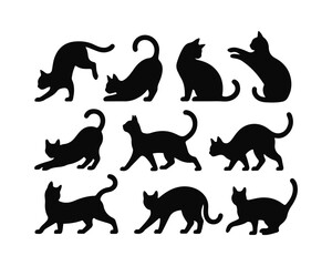  Nine Black Cat Silhouettes in Various Poses on White Background Feline Illustration