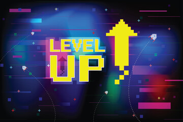 Wall Mural - level up icon pixel art. 8 bit game. retro game. retro futurism sci-fi background. glowing neon grid
