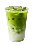 iced matcha latte in plastic cup on transparent background