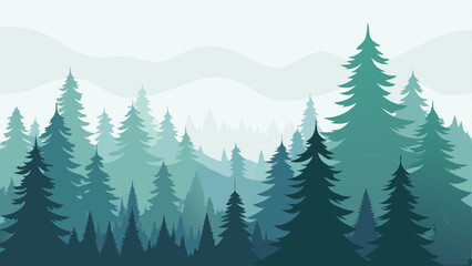 Layers of tall pine trees fading into the mist with soft gradients and diffused light on white background