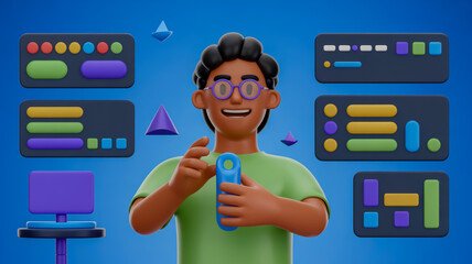 Cartoon character man working with computer software and application development interface
