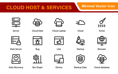 Wall Mural - Set of web hosting and cloud services icons. Linear style icon bundle.Outline icon collection.