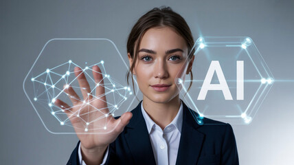 Businesswoman interacts with a digital ai interface