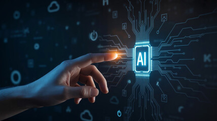 Hand pointing at a glowing ai chip on a circuit