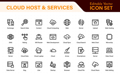 Wall Mural - Set of web hosting and cloud services icons. Linear style icon bundle.Outline icon collection.