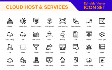 Wall Mural - Set of web hosting and cloud services icons. Linear style icon bundle.Outline icon collection.