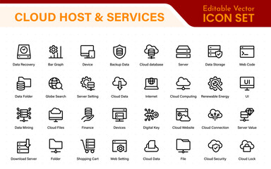 Wall Mural - Set of web hosting and cloud services icons. Linear style icon bundle.Outline icon collection.