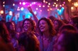 © PhotoProd - A cheerful crowd of young adults dances energetically in a lively music venue filled with colorful lights, laughter, and a vibrant atmosphere