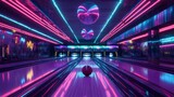 Neon-lit bowling alley interior with a single ball at the center.