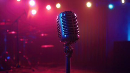 Wall Mural - vintage microphone on stage with colorful lights.