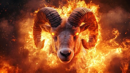 Wall Mural - fiery ram head with glowing eyes engulfed in flames against a dark background.