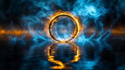 Wall Mural - fiery ring reflecting in smoky water, abstract background.