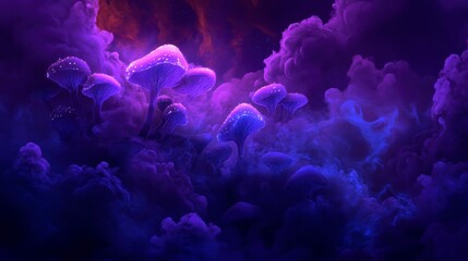 Wall Mural - glowing purple mushrooms in a fantasy cloud landscape.