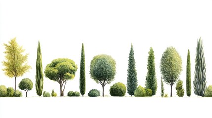 Collection of various green trees and shrubs isolated on white background.