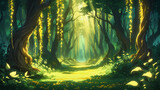 Enchanted anime woodland with vines, golden leaves, and dreamy sunlight rays. Ideal for game concept art, posters, or nature-themed designs.