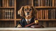 © florynstudio3 - A dachshund dog dressed as a judge with a gavel in a library setting.