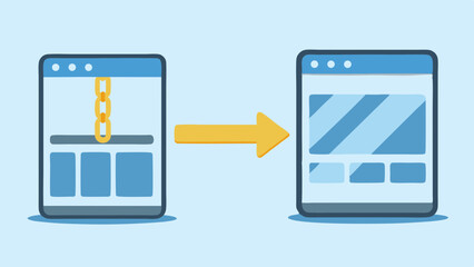 Website migration concept with chain icon and arrow showing data transfer between two web pages