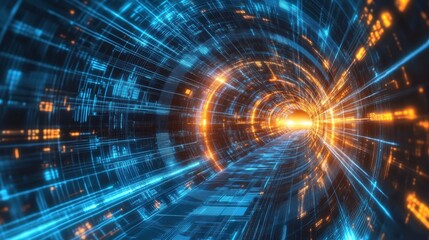 Wall Mural - abstract digital tunnel with glowing lines and data streams.