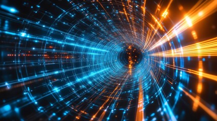 Wall Mural - abstract digital tunnel with glowing lines and particles.