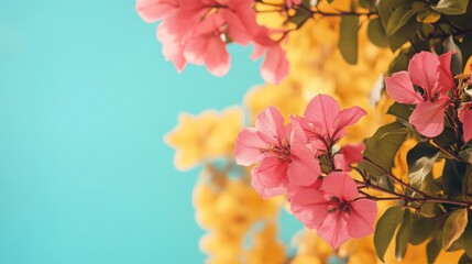 Wall Mural - blue background with blooming pink flowers and soft lighting