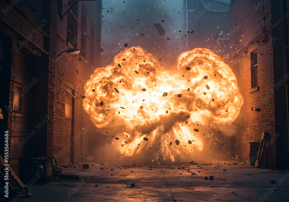 Explosition Scene Explosion in Dark Urban Alleyway | Intense Fireball with Debris for ...