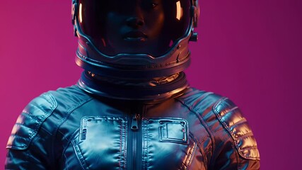 Wall Mural - Astronaut in a futuristic suit against a vibrant pink background with 
