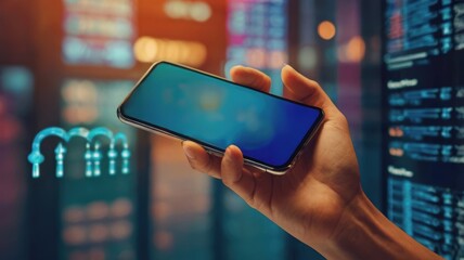 a hand holding a smartphone with a digital security interface in the background, symbolizing technol