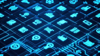 Glowing blue technology icons connect with circuit lines forming a digital network