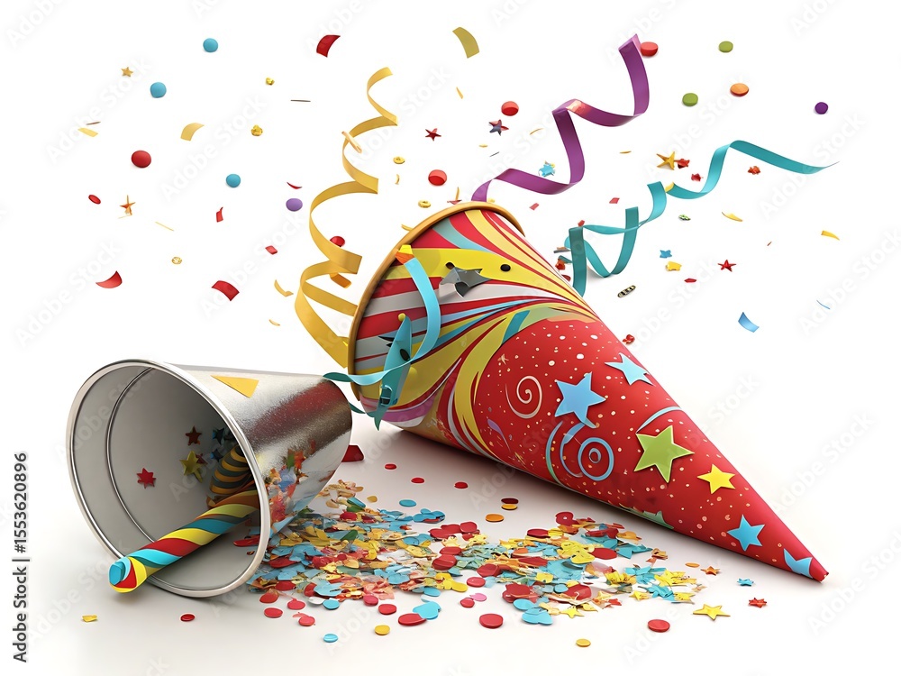 Party Exploded Exploded party poppers with confetti and streamers isolated on white ...