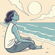© Jaana - With gratitude in her heart, a woman relaxes into a zen state on the beach, waves lapping softly at her feet.