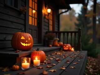Wall Mural - Three carved pumpkins with lit candles on a wooden deck, bathed in warm light,with three carved pumpkins arranged in a horizontal row.  Background with halloween pumpkins, candles and autumn leaves