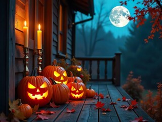 Wall Mural - Three carved pumpkins with lit candles on a wooden deck, bathed in warm light,with three carved pumpkins arranged in a horizontal row.  Background with halloween pumpkins, candles and autumn leaves