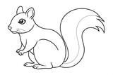 Black and white outline drawing of a squirrel, side view, on a white background. Coloring for kids