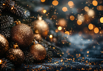 Wall Mural - Christmas tree with gold ornaments and a blue background. The tree is lit up and the ornaments are sparkling