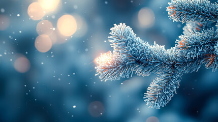 Wall Mural - Branch of a tree covered in snow. The snow is falling and the branch is covered in ice