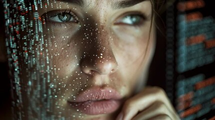 Futuristic software and hardware , coding hologram, serious concentrated attractive woman thinking about data analytics, digital technology. Programmer programming cybersecurity research and IT