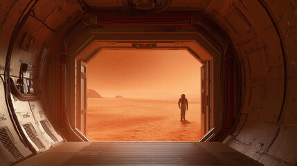 Wall Mural - a lone astronaut stands at the entrance of a martian base, gazing out at the orange landscape