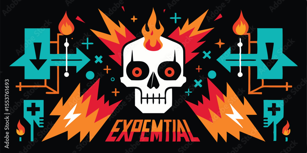 Skull Exploding With Color Vector art of a fiery skull explodes amidst a chaotic arrangement of ...