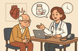 © Gerry - Elderly patient consulting cardiologist doctor for hypertension treatment. Medical consultation, heart health checkup, prescription medication advice, senior healthcare, vector cartoon illustration