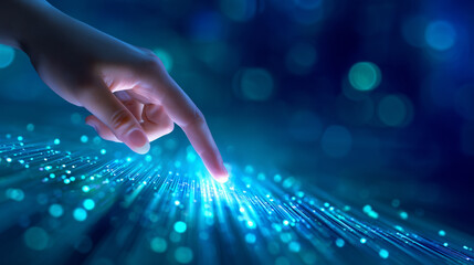 Wall Mural - a hand reaches out to touch glowing blue particles, creating a connection in a vibrant digital realm