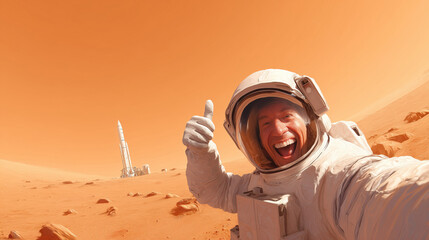 Wall Mural - a colonist on mars smiles and gives a thumbs up after safely lan