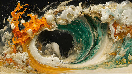 Wall Mural - abstract fluid art: emerald and amber waves crashing