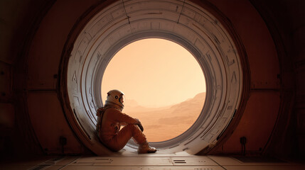 Wall Mural - a solitary astronaut sits quietly by a large circular window ins