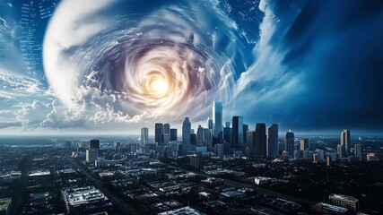 Wall Mural - wormhole opening in cloudy sky above city skyline with digital data trails suggesting interstellar t