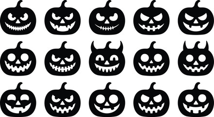 Set of Halloween pumpkin icons with spooky faces and autumn holiday designs