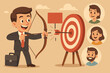 © Fabio - Cartoon businessman aiming bow and arrow at target, marketing strategy, customer segmentation, accurate promotion, advertising campaign, business goal achievement, vector illustration